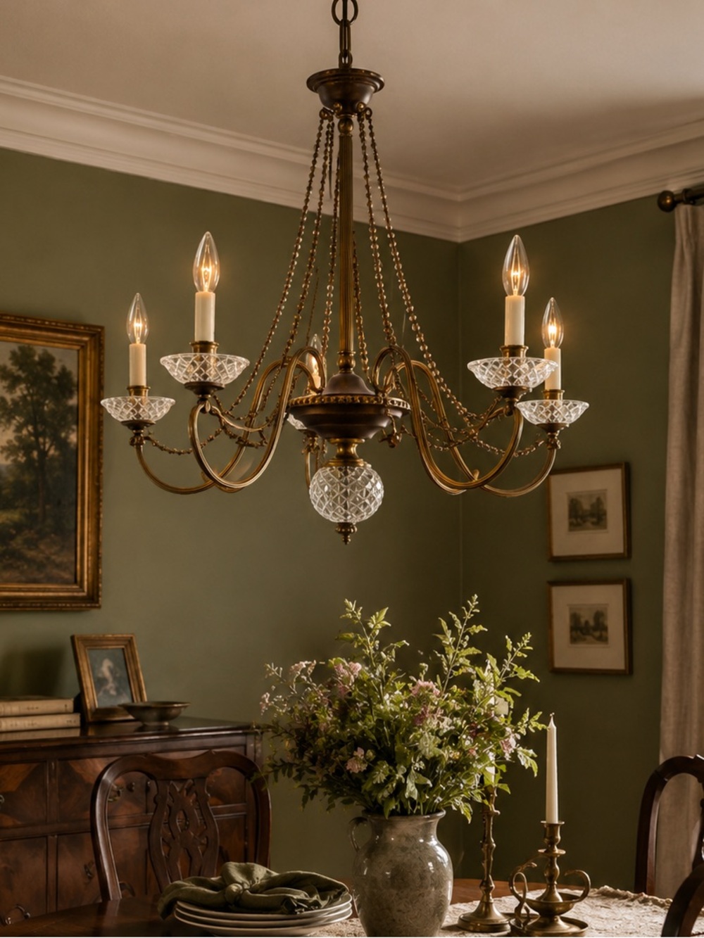 Classic Brass Crystal-Accented Chandelier - Antique Brass